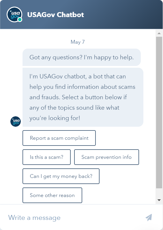 A screenshot showing how USA.gov’s chatbot initiates an interaction with a user. USA.gov’s chatbot initiates an interaction with a user.