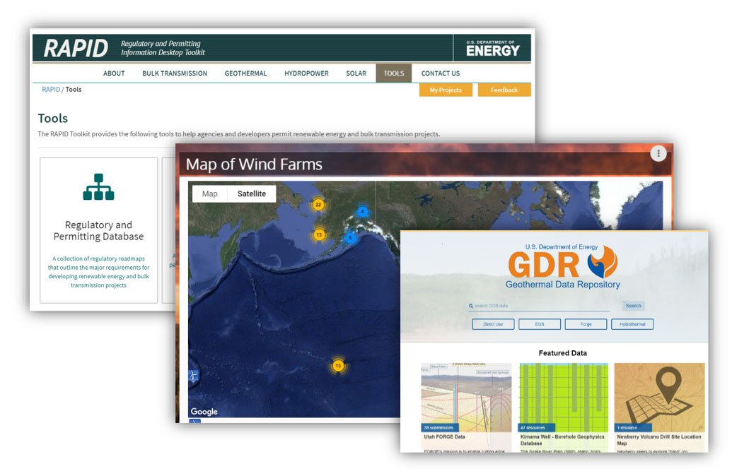 Screenshots of the Geothermal Data Repository (GDR), the Map of US Wind Farms, and the Regulatory and Permitting Information Desktop Toolkit (RAPID) Screenshots of Geothermal Data Repository (GDR), Map of US Wind Farms, and Regulatory and Permitting Information Desktop Toolkit (RAPID)